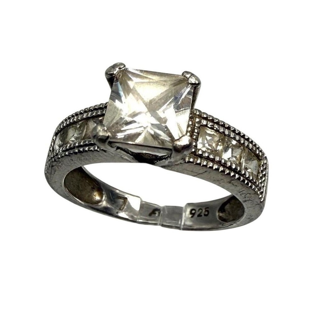 925 Sterling Silver Princess Cut Cubic Zirconia Engagement Ring Size 7.25 TA